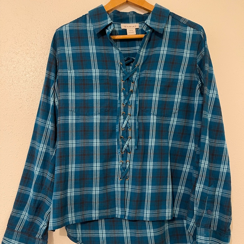 ARIAT Womens Teal Blue Aqua Plaid Long Sleeve Lace Up Shirt - Medium new no tag